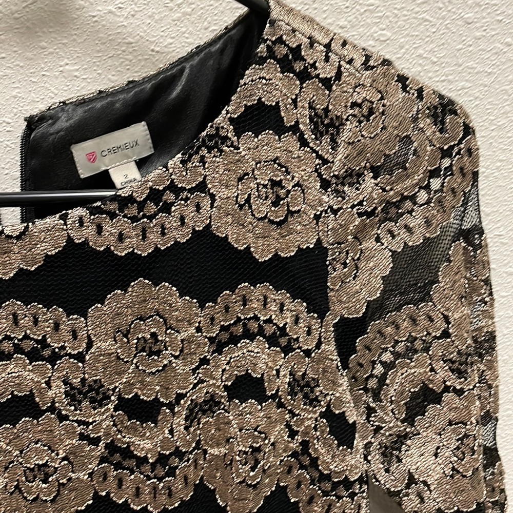Cremieux size 2, gold and black lace dress, lace sleeves, knee length